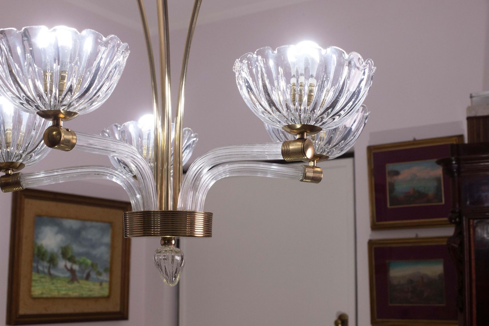 photo vinterior Extraordinary 5 Light Art Deco Murano Glass And Brass Chandelier By Barovier