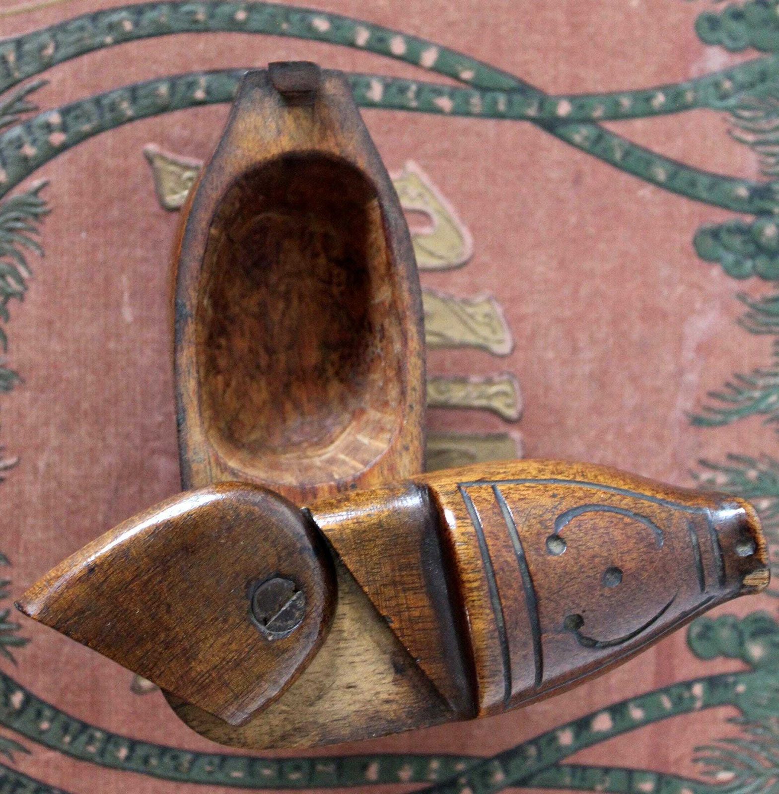 photo for sale Antique French Or Belgium Small Wood Shoe Snuff Box, Carved Clog, Folk Art, Treen Box, 19th Century, Hinged Box, Little Box, Puzzle Box