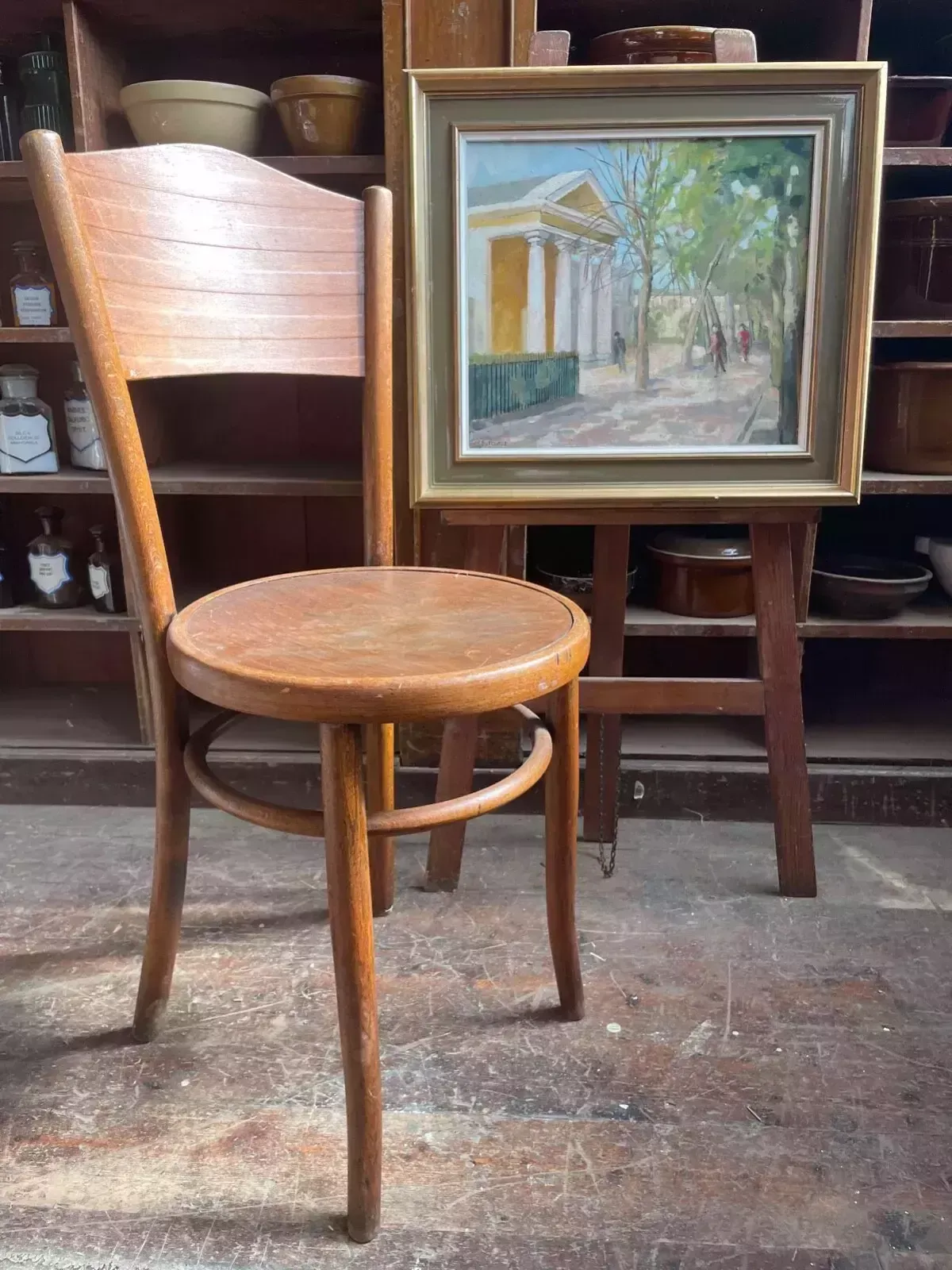 1990s M Sutcliffe Oil On Board Contemporary Street Scene Landscape Paining. photo furniture