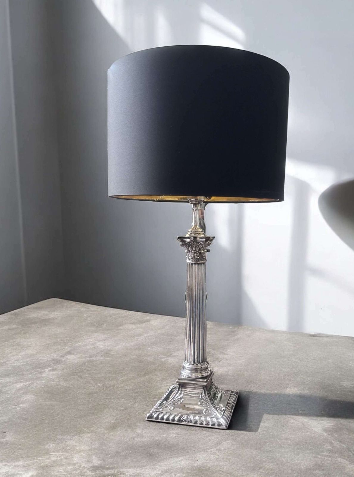 19th Century Silver Plated Corinthian Column Table Lamp photo furniture