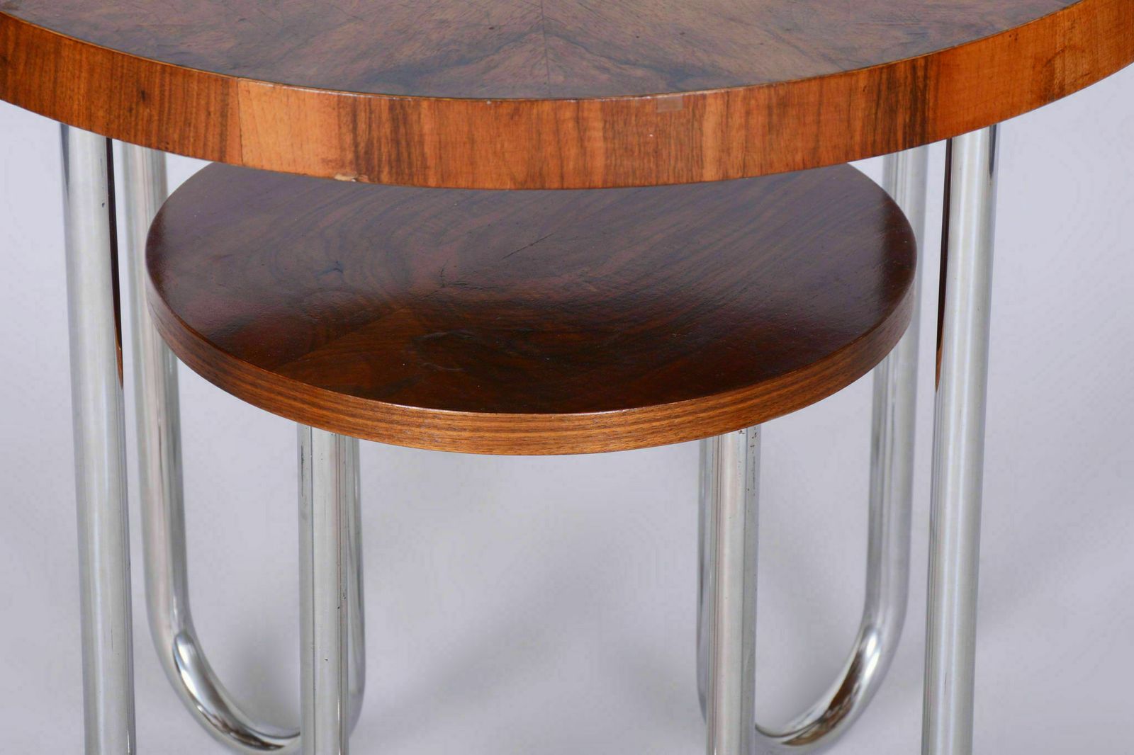 Restored Bauhaus Round Table, By Robert Slezák, Spruce, Walnut, Czech, 1930s photo for sale