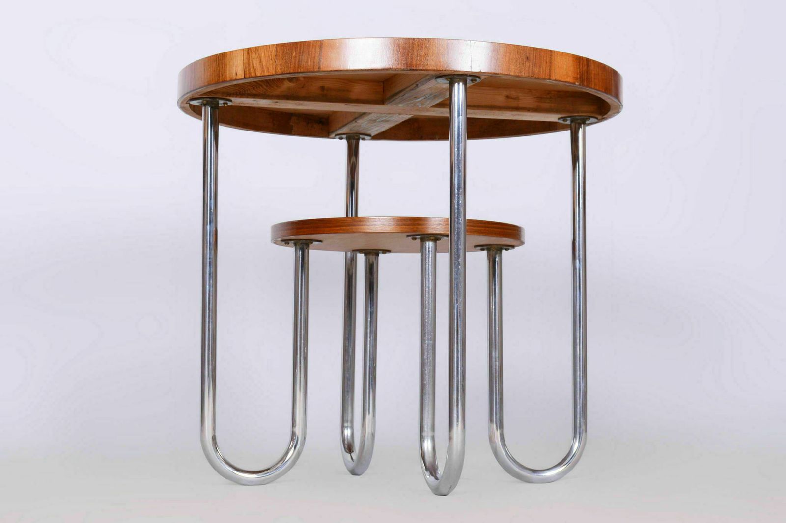photo furniture Restored Bauhaus Round Table, By Robert Slezák, Spruce, Walnut, Czech, 1930s