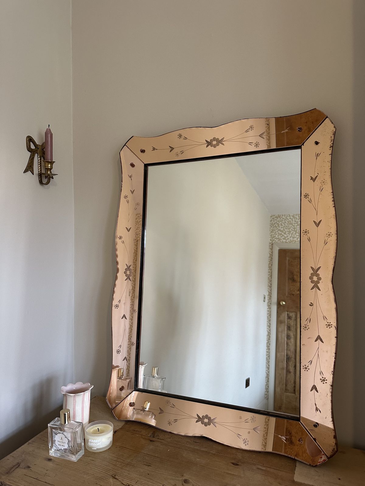 1950's Italian Pink Glass Bevelled Venetian Crystal Art Mirror