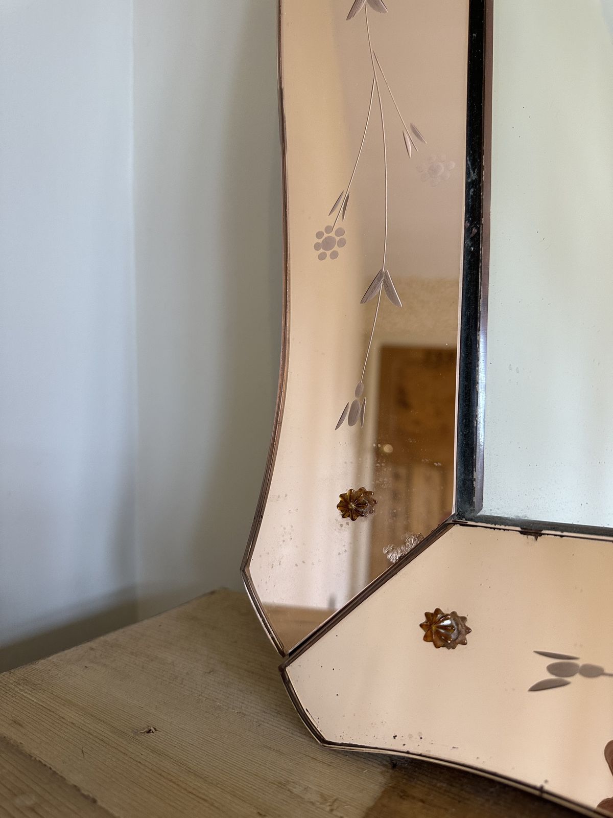 360.0 1950's Italian Pink Glass Bevelled Venetian Crystal Art Mirror photo
