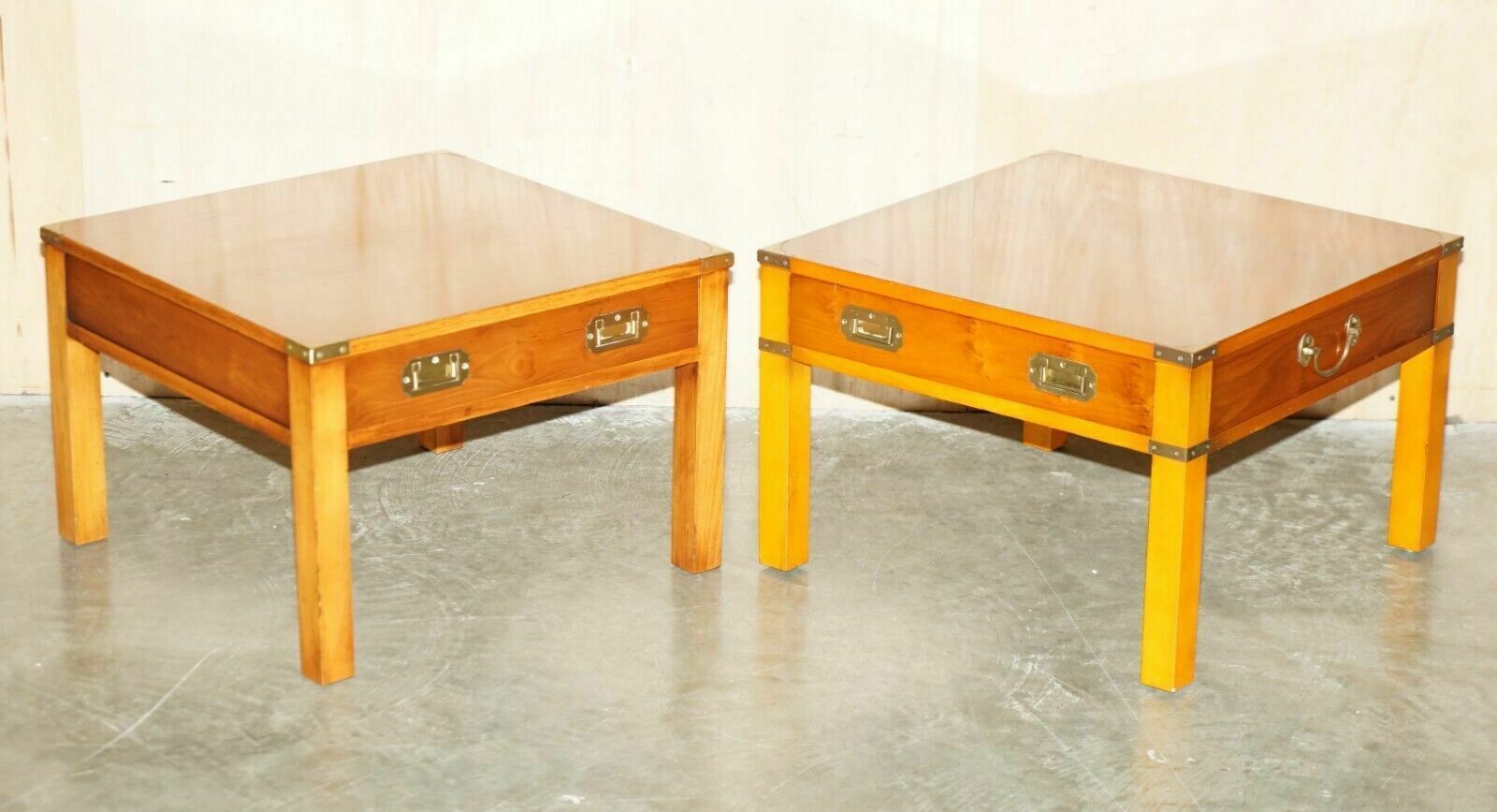 Stunning Pair Of Military Campaign Style Yew Wood Single Drawer Side End Tables photo furniture