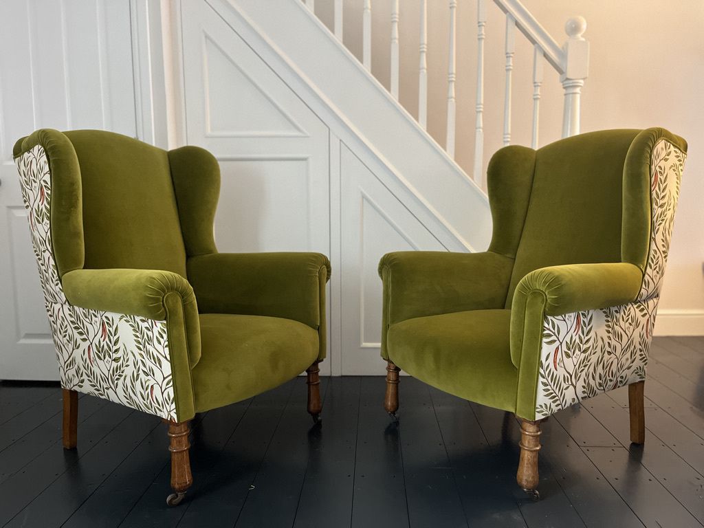 Reupholstered Edwardian Velvet/ Linen Armchairs  Set Of 2