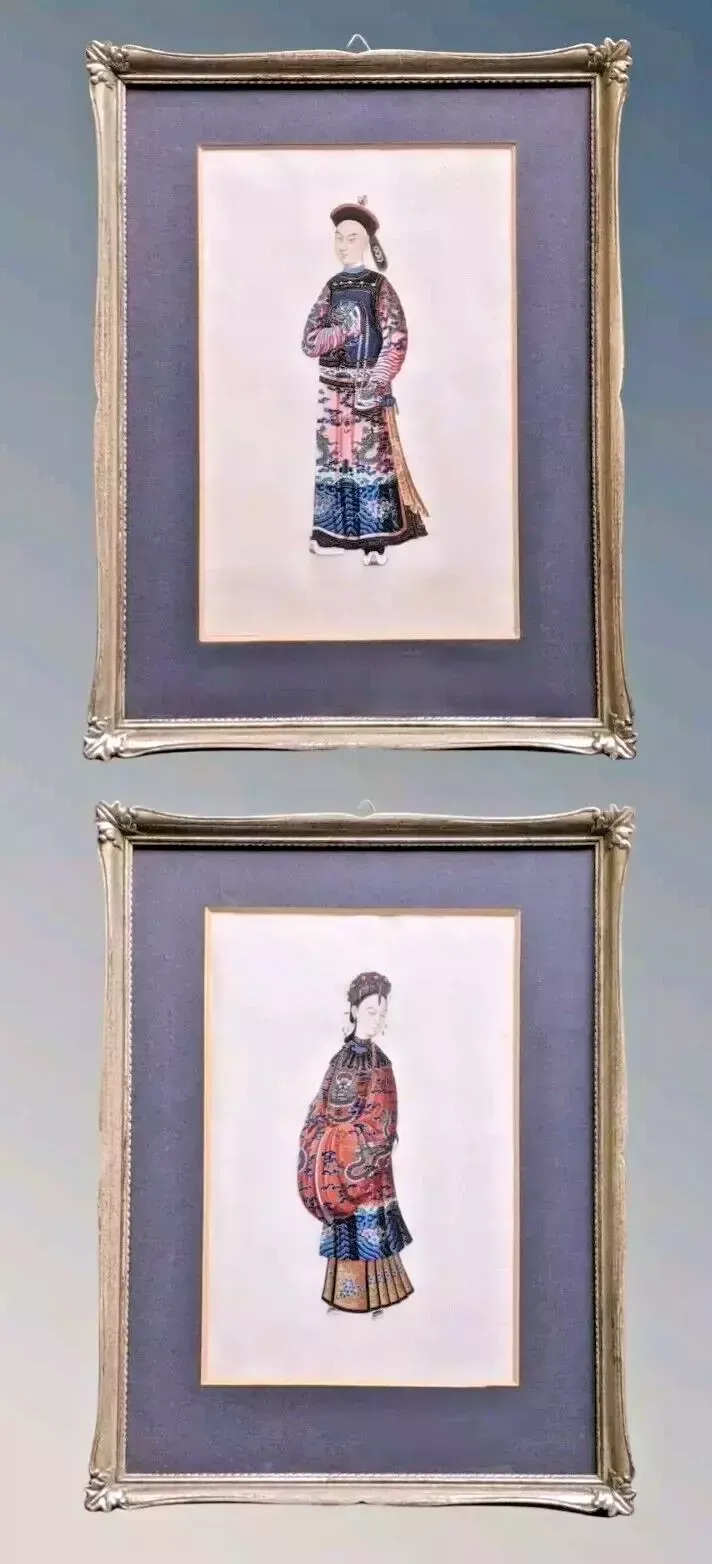 photo vintage Pair Chinese Paintings Of Dignitaries