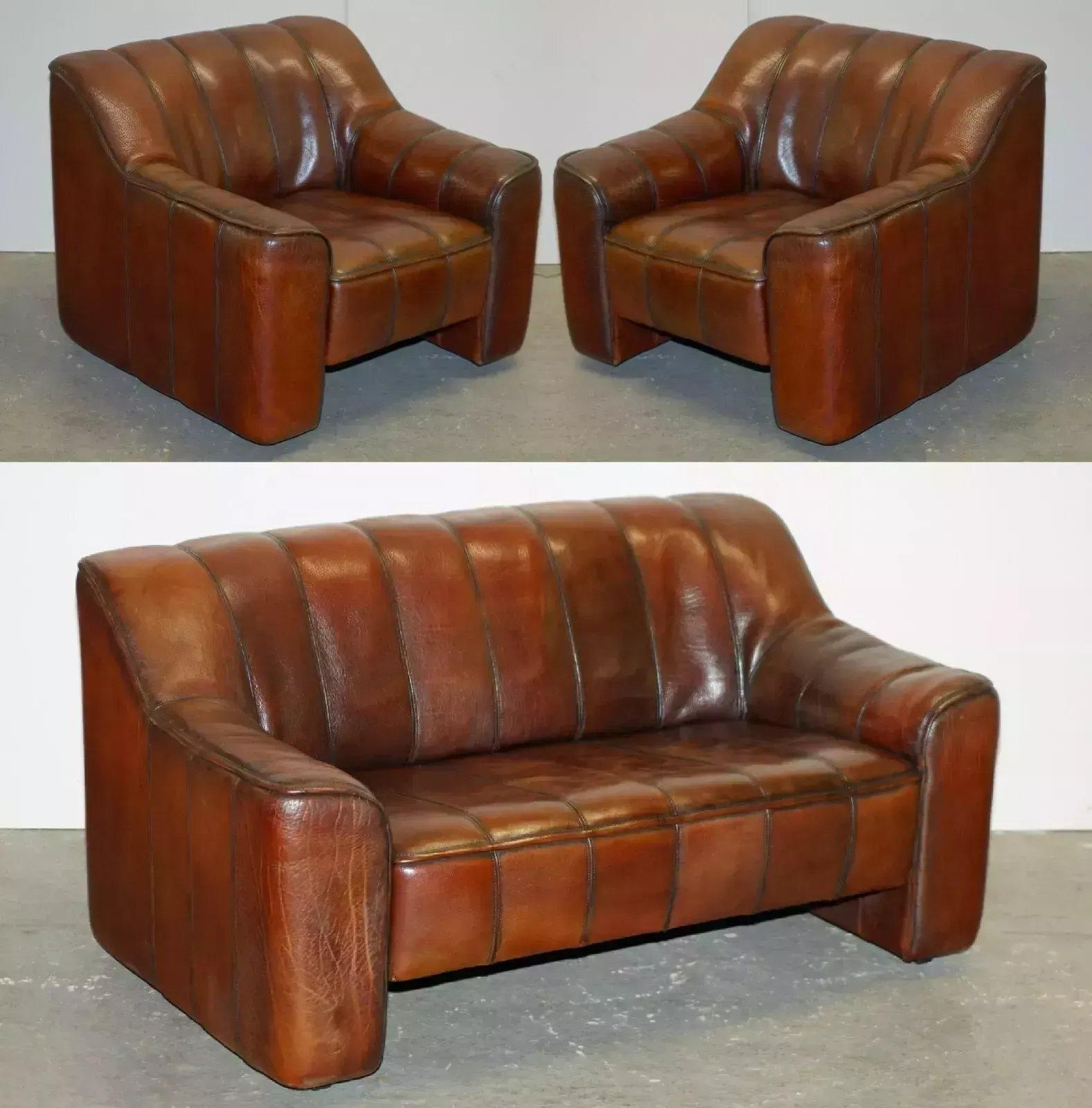 De Sede Ds44 Reclining Brown Buffalo Neck Leather Pair Of Armchairs & Sofa Suite