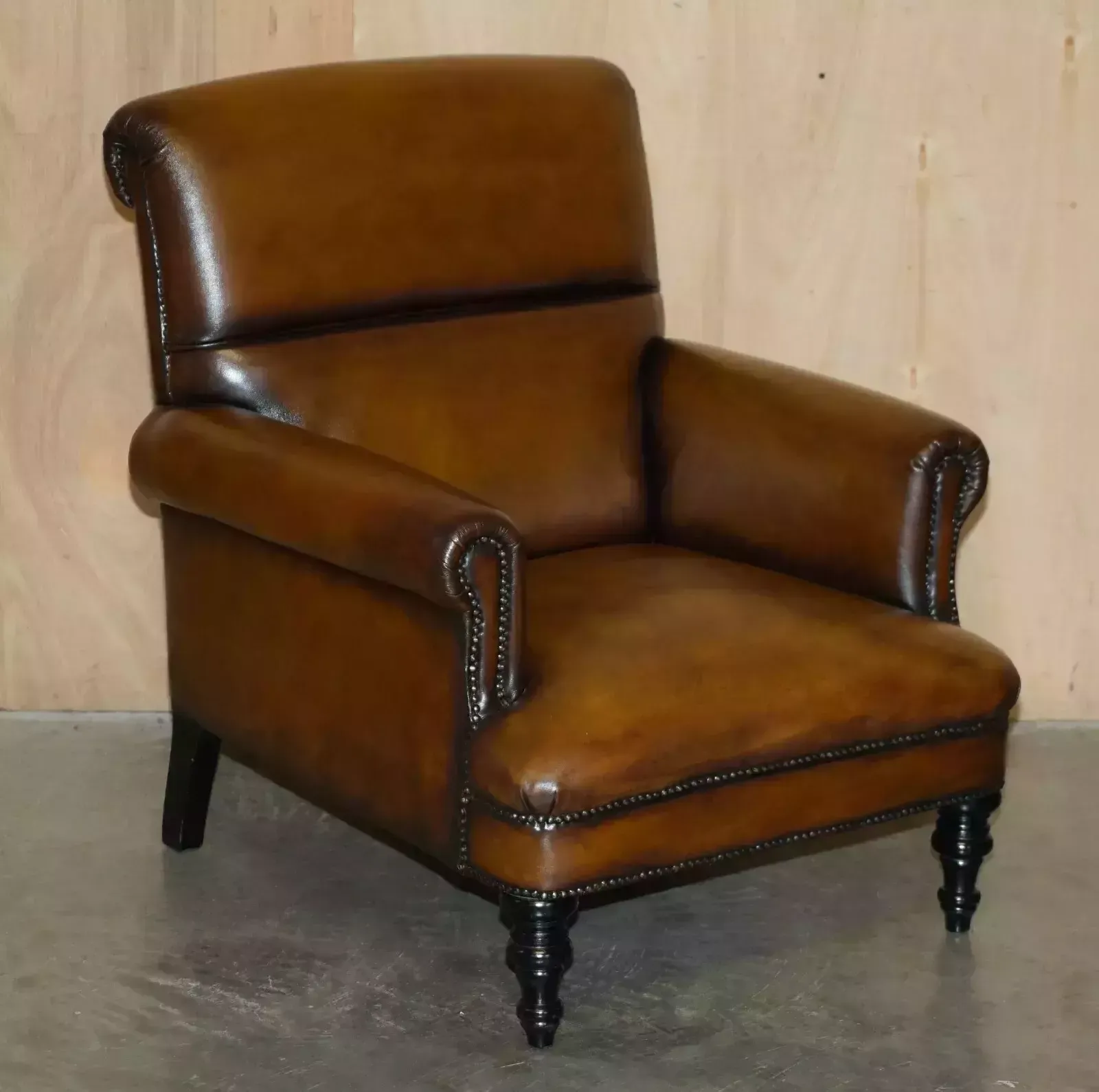 Comfortable Pair Of Rolled Back Restored Cigar Brown Leather Club Armchairs photo furniture
