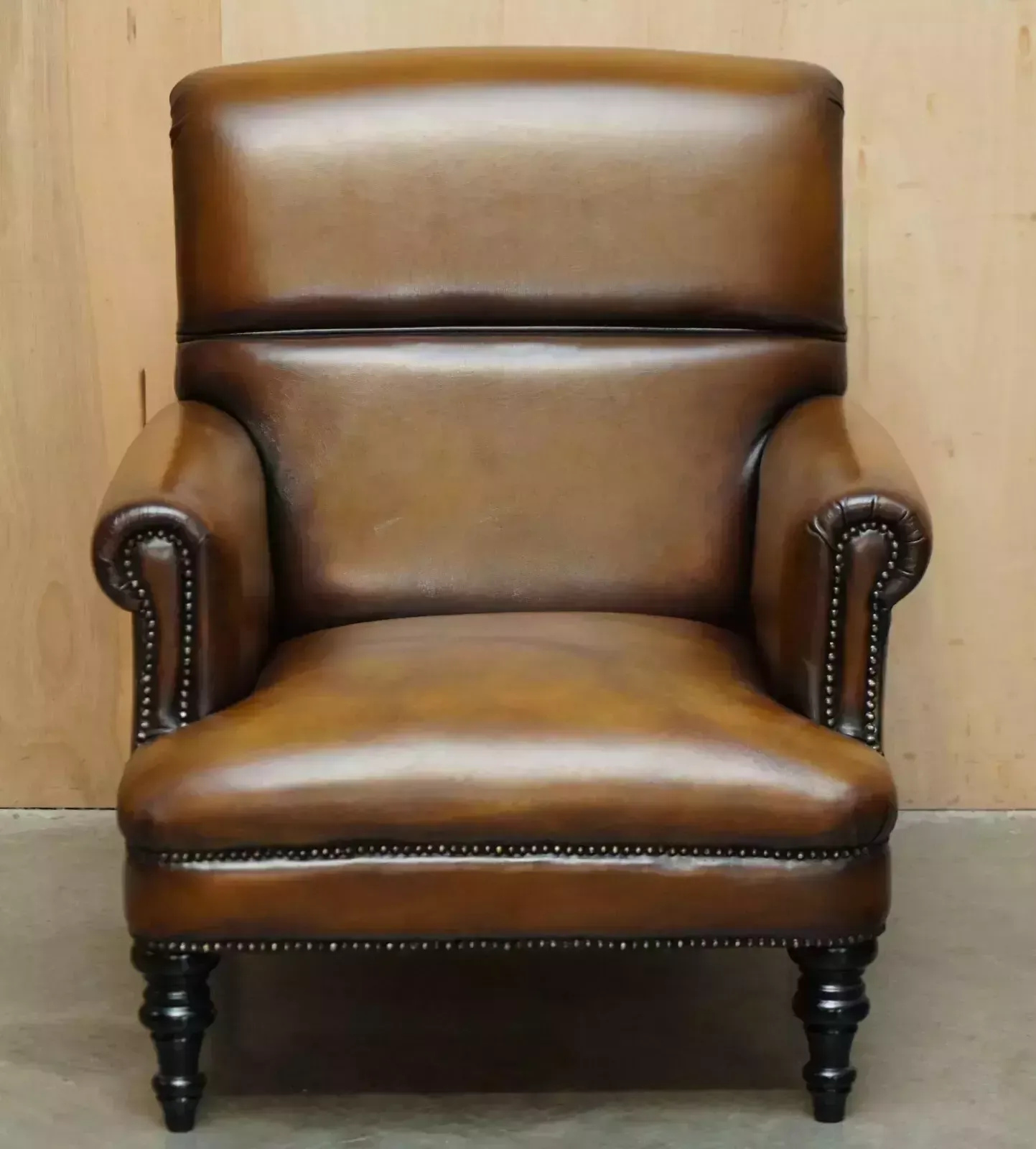 Comfortable Pair Of Rolled Back Restored Cigar Brown Leather Club Armchairs photo for sale