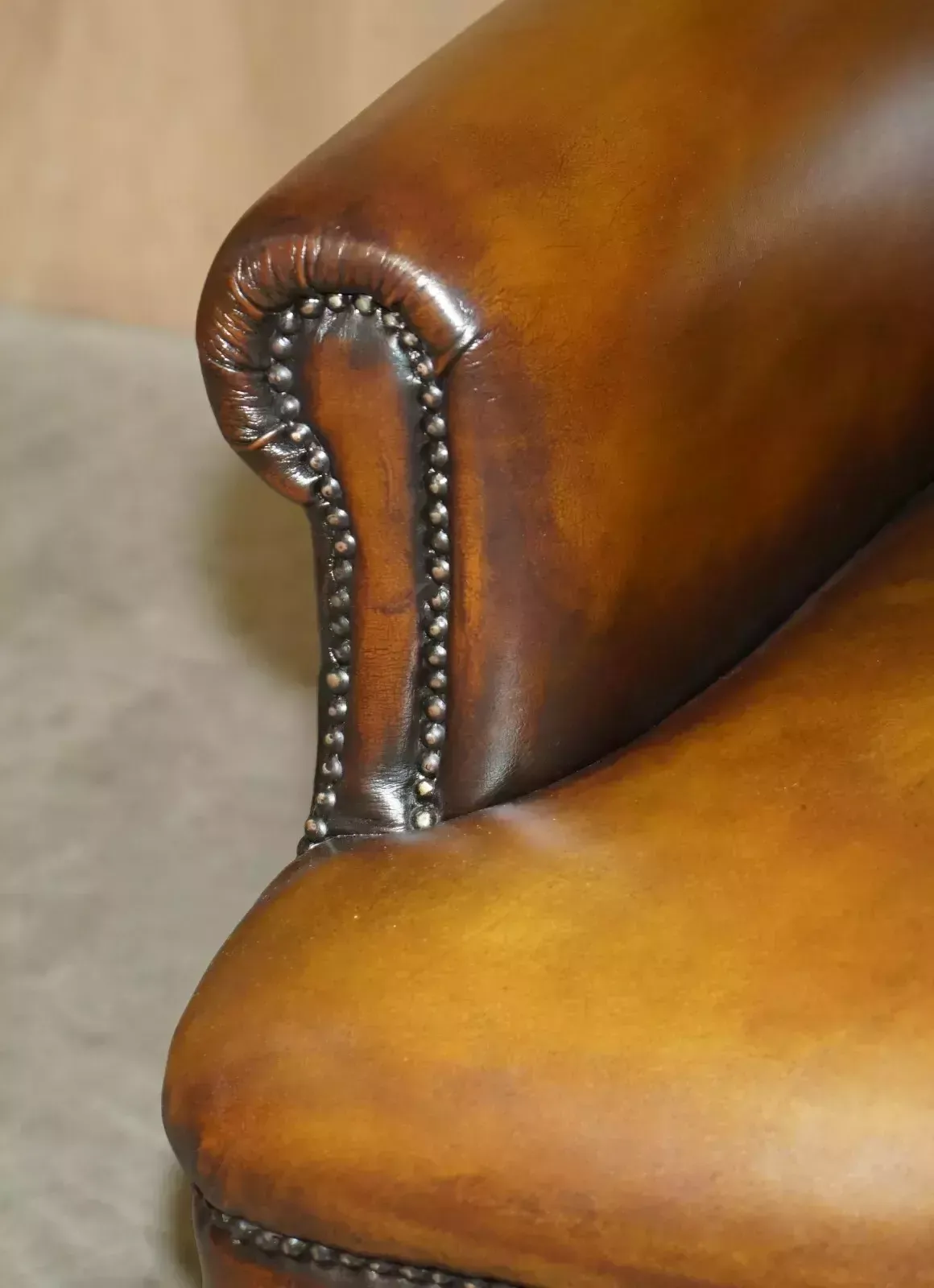 photo furniture Comfortable Pair Of Rolled Back Restored Cigar Brown Leather Club Armchairs