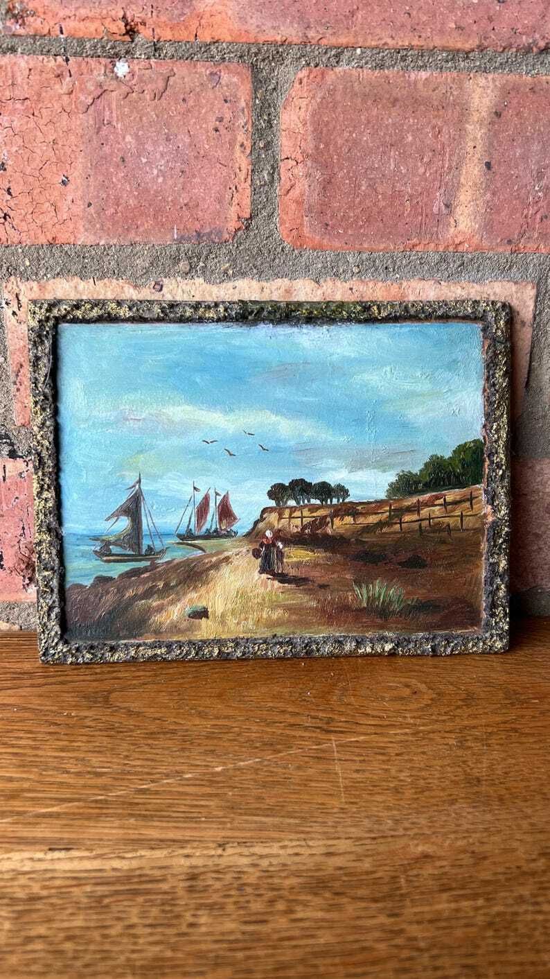 Mid Century Miniature Oil Painting Depicting A Sea Shore photo furniture
