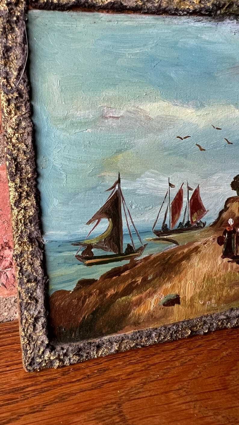 Mid Century Miniature Oil Painting Depicting A Sea Shore photo Art
