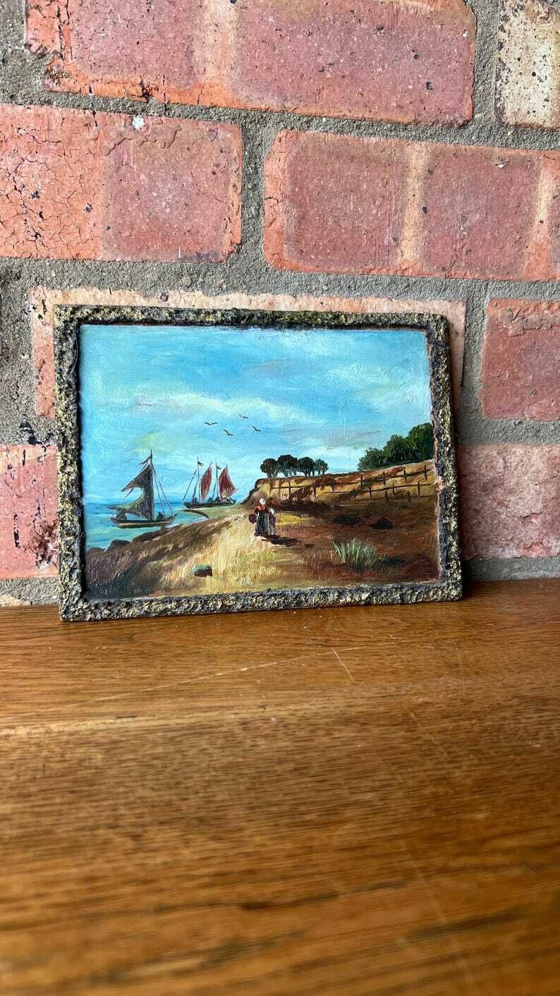 photo furniture Mid Century Miniature Oil Painting Depicting A Sea Shore