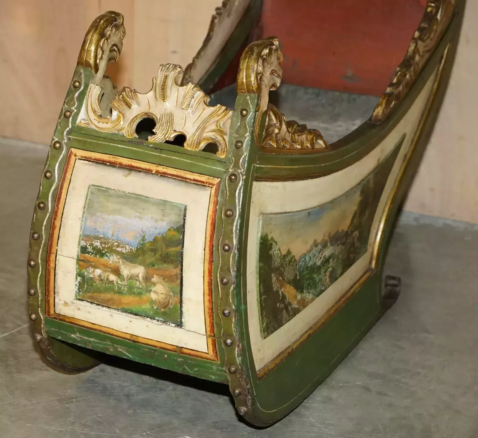 Original Antique Dutch Hand Painted & Parcel Gilt Children's Sleigh Zinc Lined photo for sale