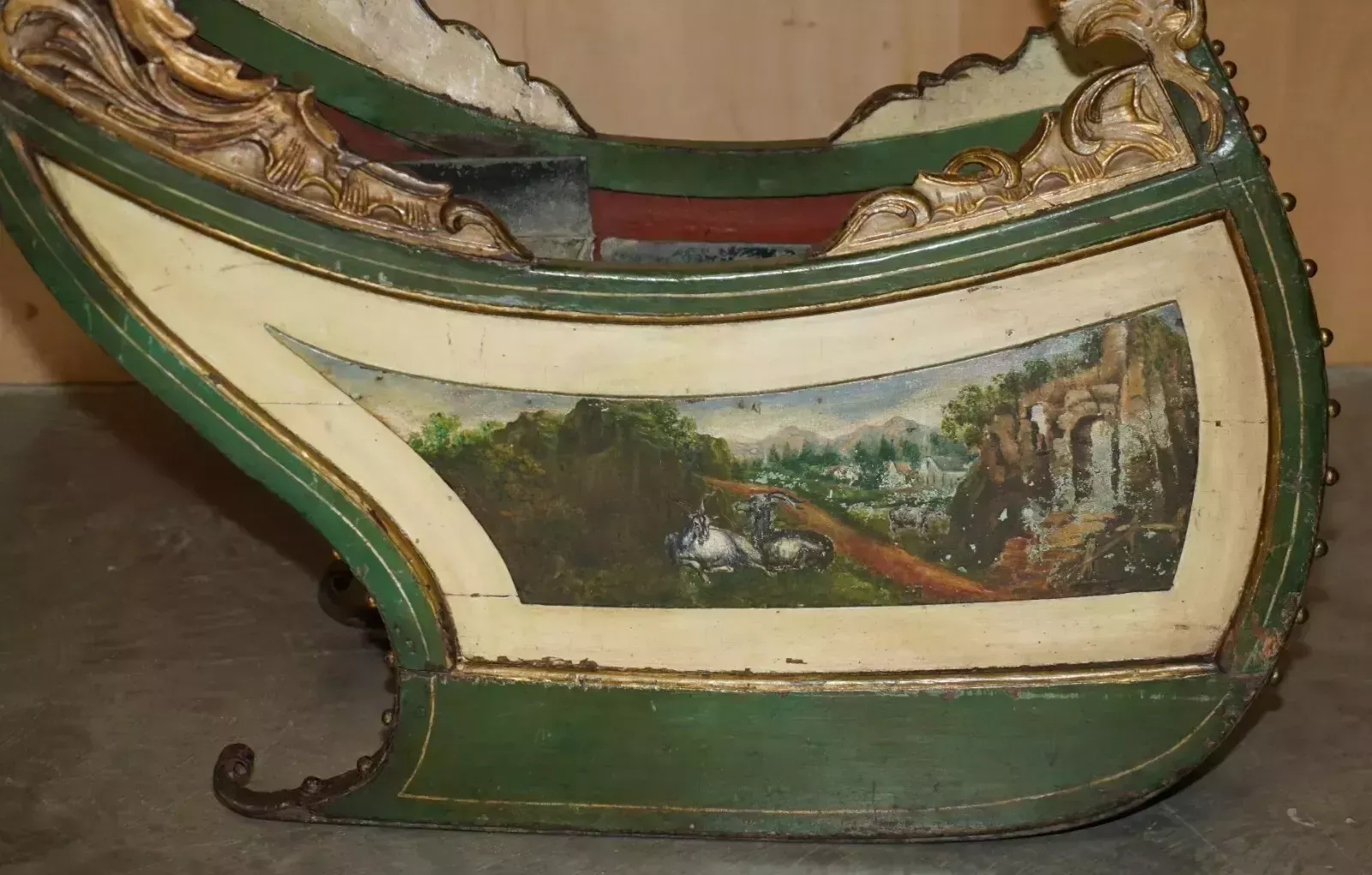 photo vintage Original Antique Dutch Hand Painted & Parcel Gilt Children's Sleigh Zinc Lined