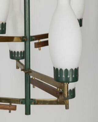 Vintage Italian Ceiling Light In Brass, Green Metal And Glass, 1950s photo for sale