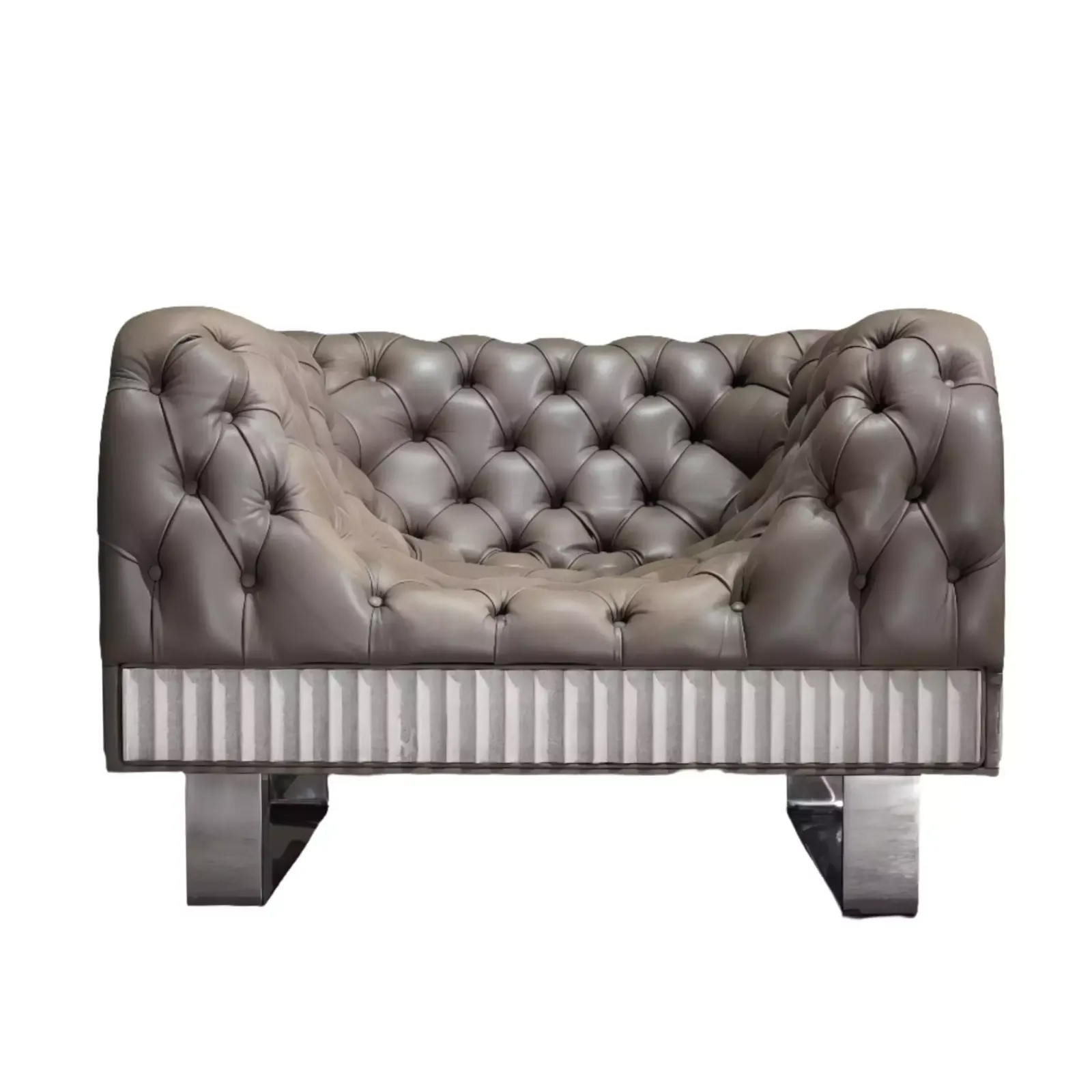 Bespoke Concrete Armchair In Pewter Grey Napa Leather With Soft Chesterfield Detailing