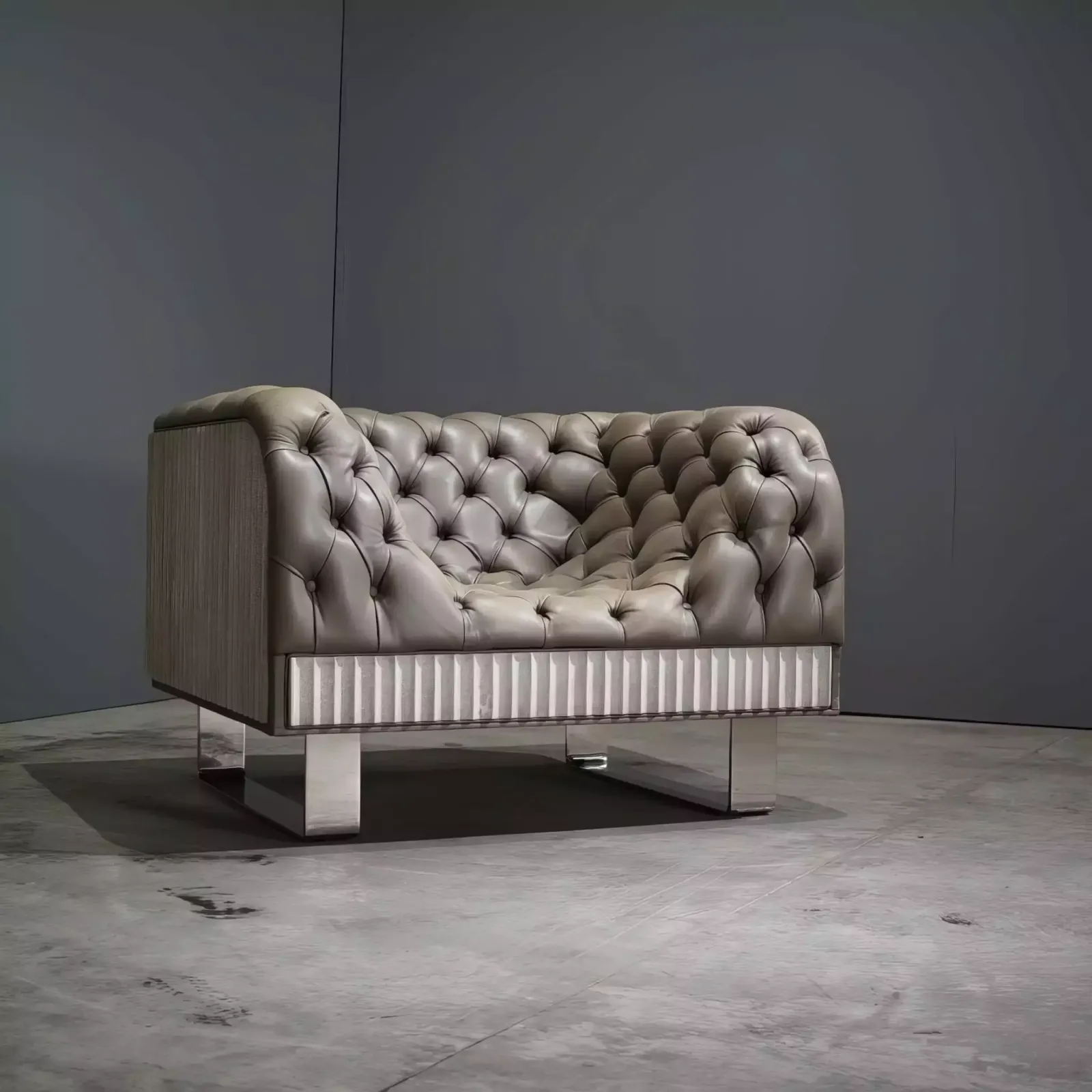Bespoke Concrete Armchair In Pewter Grey Napa Leather With Soft Chesterfield Detailing photo furniture
