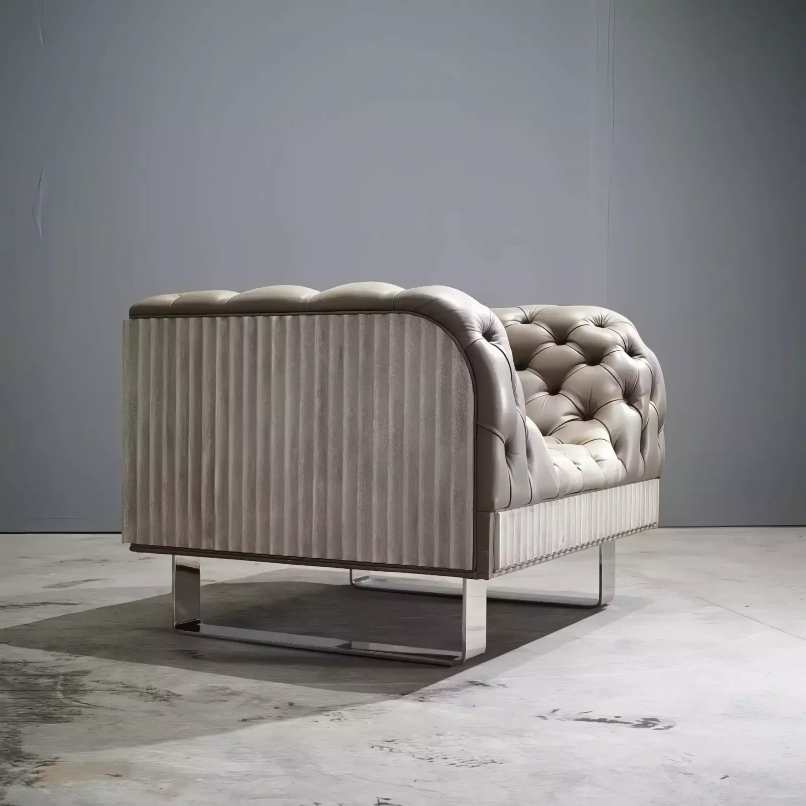 Bespoke Concrete Armchair In Pewter Grey Napa Leather With Soft Chesterfield Detailing photo for sale