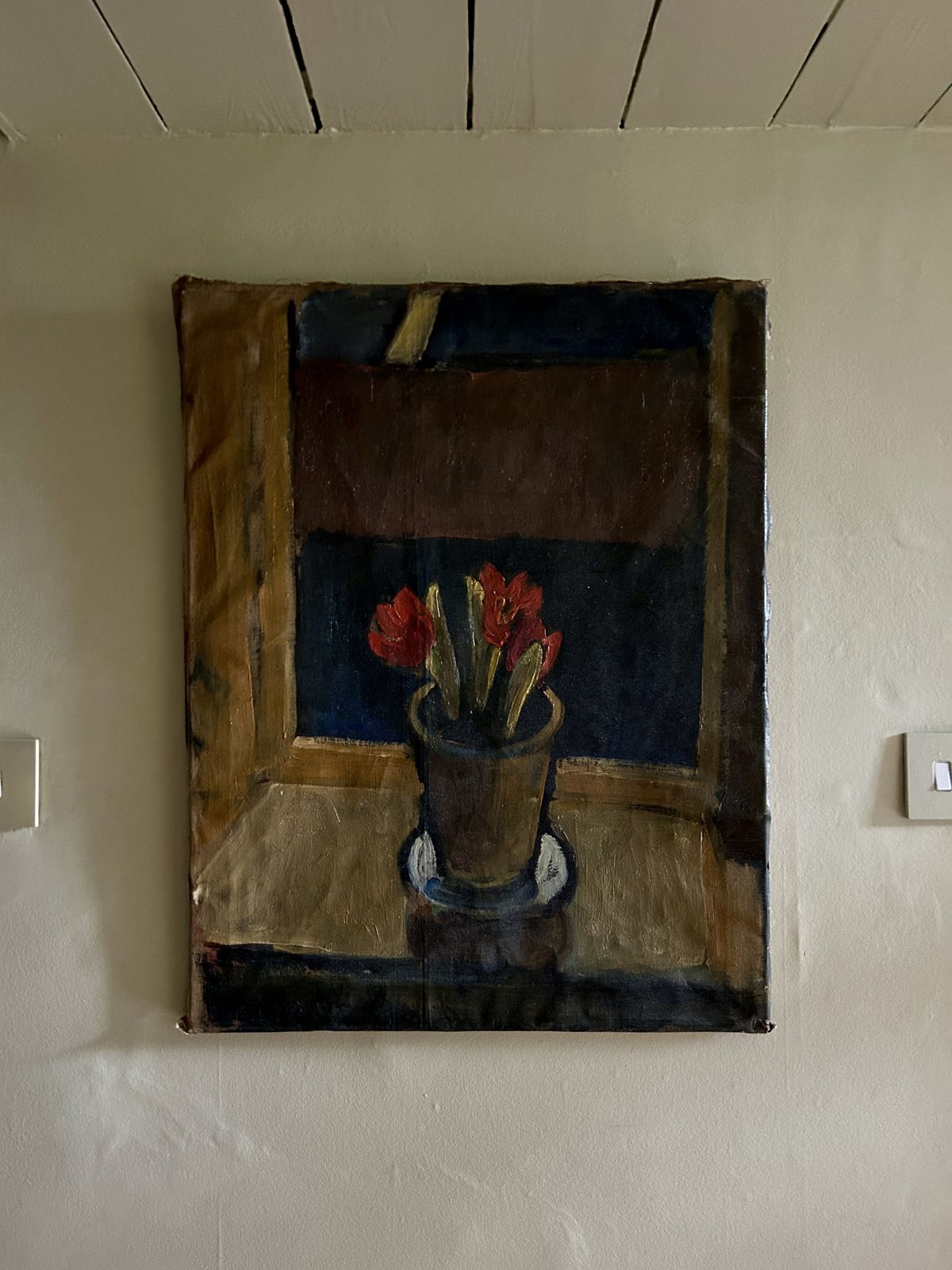 Abstract Oil On Canvas Of Amaryllis. Muted Brown Tones, Naively Pinned To Vintage Frame. photo furniture