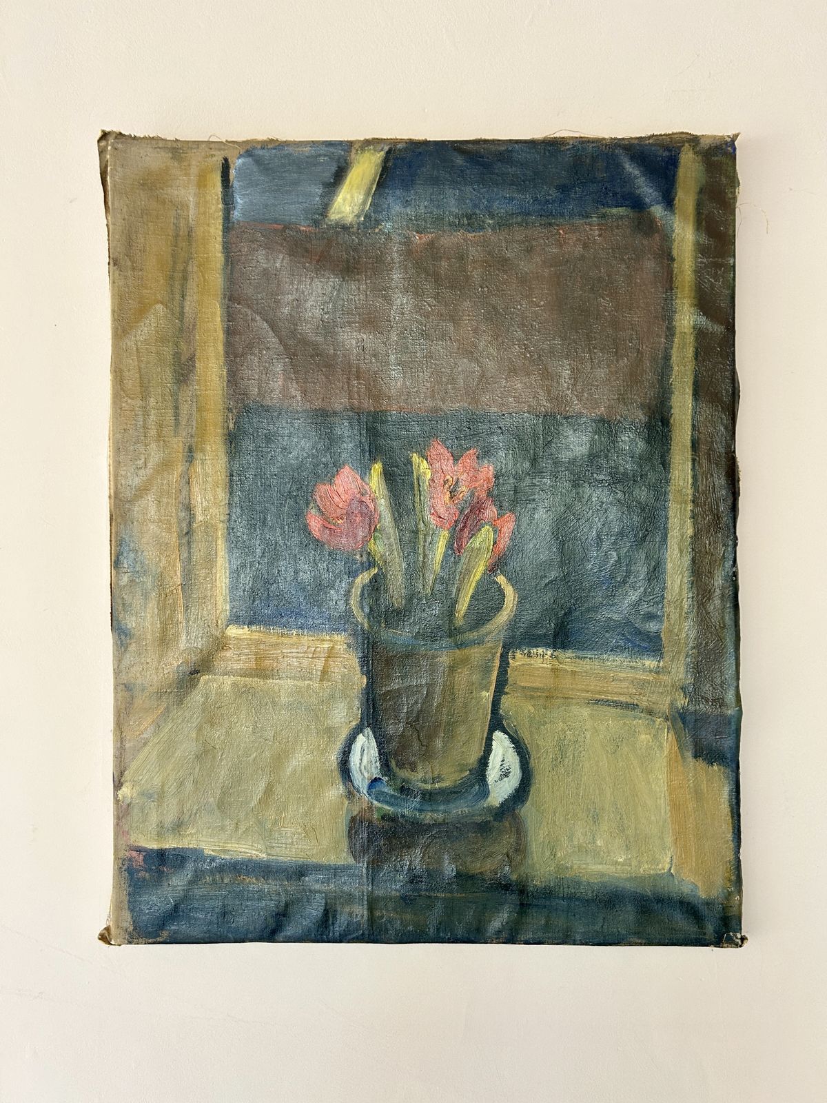 Abstract Oil On Canvas Of Amaryllis. Muted Brown Tones, Naively Pinned To Vintage Frame. photo for sale