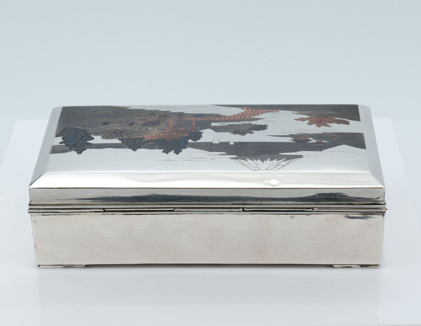 Japanese Silver Box With Niello Inlaid  Panel Lined In Rosewood  Circa 1950 photo Home Decor