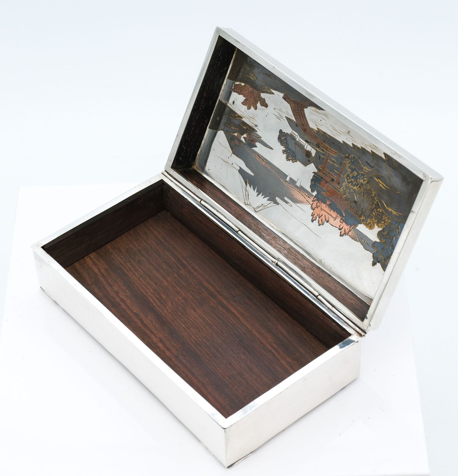 Japanese Silver Box With Niello Inlaid  Panel Lined In Rosewood  Circa 1950 photo 1045.0