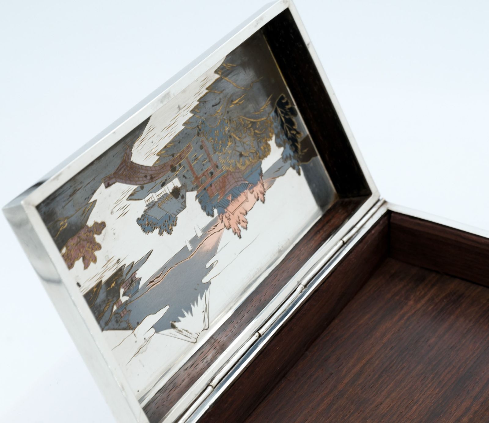 Japanese Silver Box With Niello Inlaid  Panel Lined In Rosewood  Circa 1950 photo vinterior