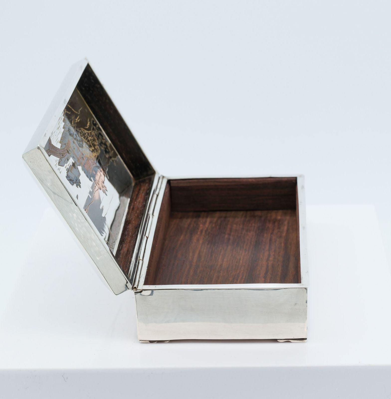 photo furniture Japanese Silver Box With Niello Inlaid  Panel Lined In Rosewood  Circa 1950
