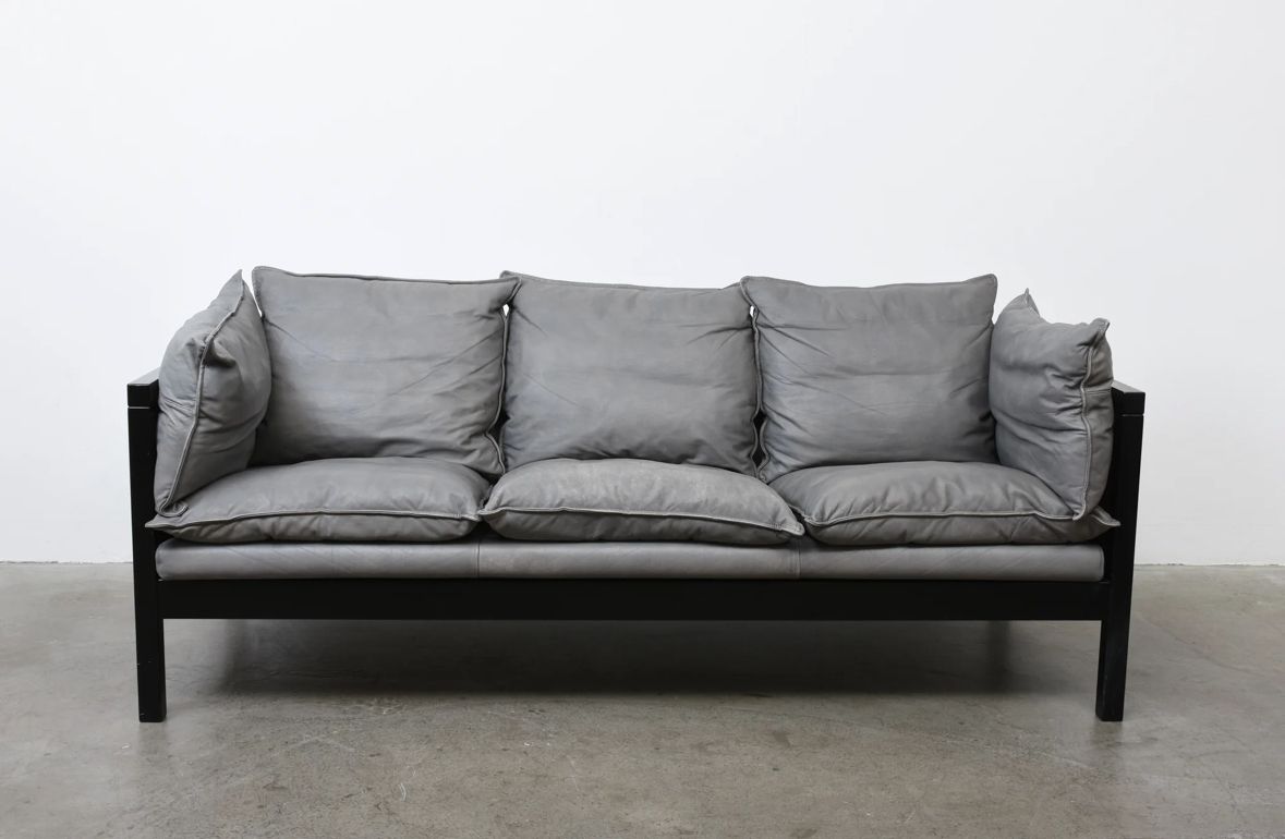 Vintage Grey Leather Three Seater Couch photo for sale