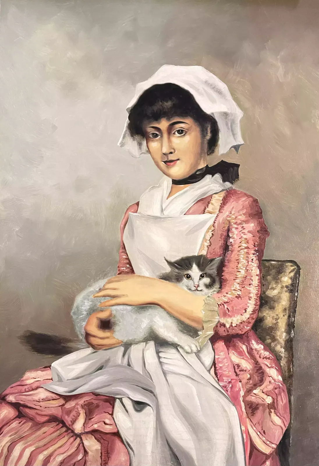European School, Portrait Of A Lady With Cat, Mid 20th Century. photo furniture