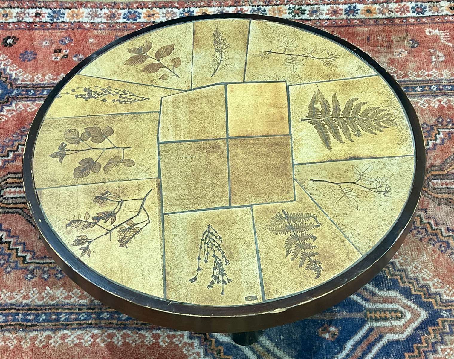 Beech Coffee Table And Ceramic Top With Herbarium Decoration Signed Raymonde Leduc Vallauris, Work From The 1960s photo buy