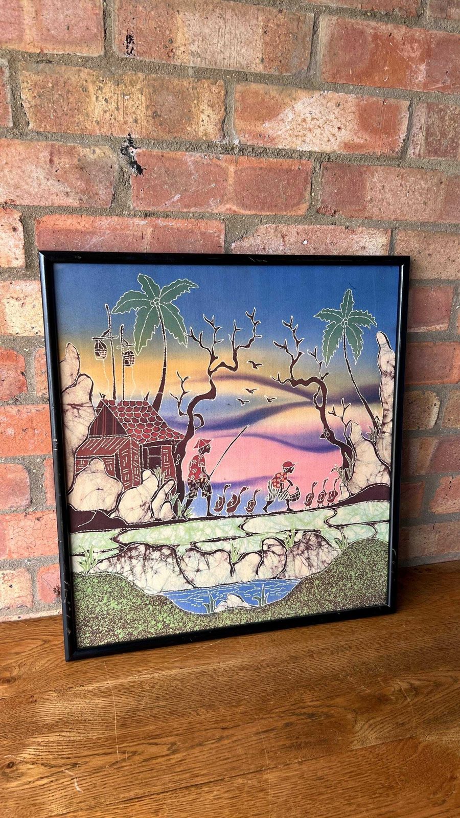 Framed Vintage Picture On Fabric Depicting An Asian Village Scene photo buy