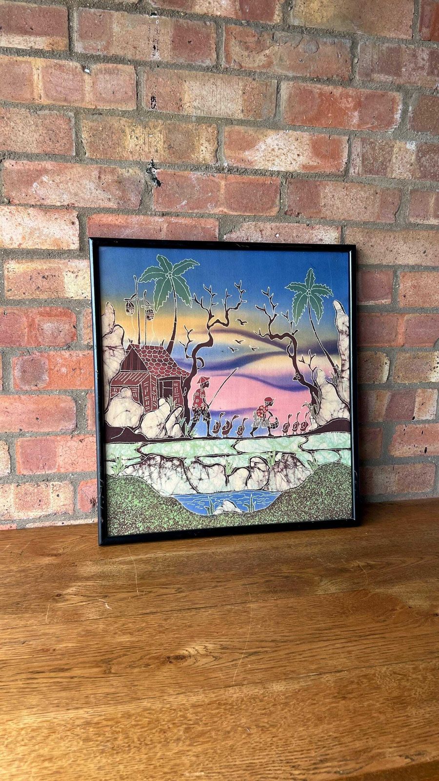 photo for sale Framed Vintage Picture On Fabric Depicting An Asian Village Scene