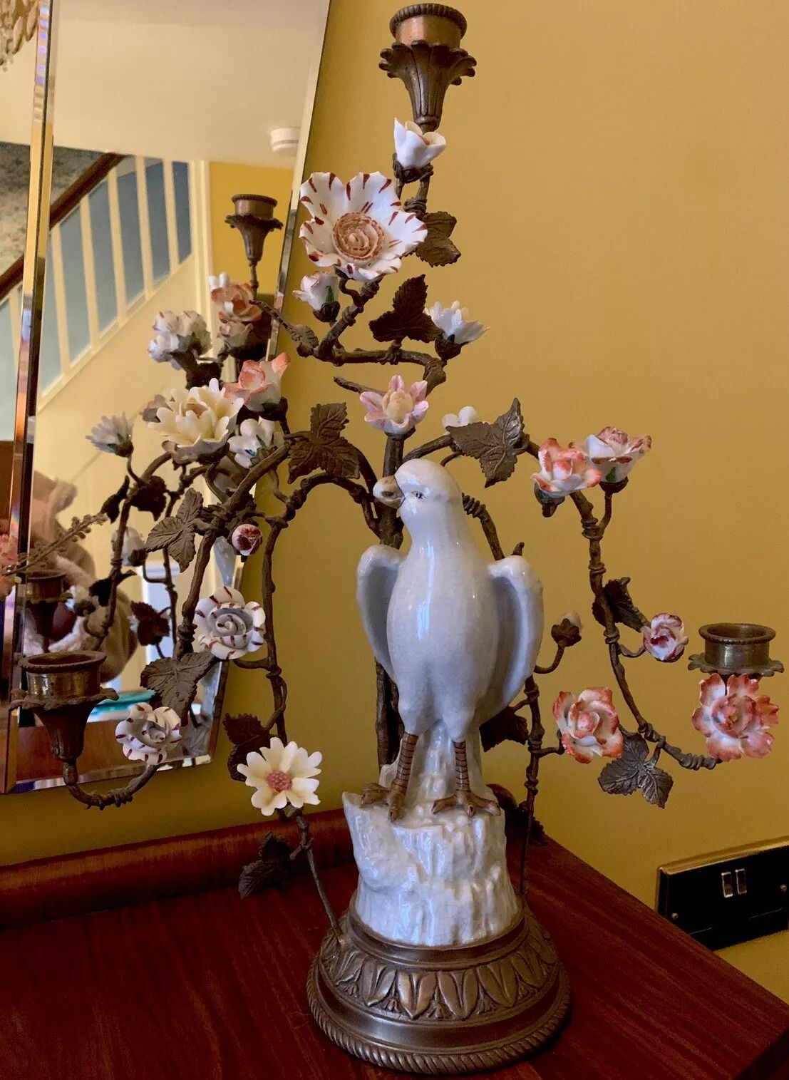 Exquisite Large Vintage Porcelain & Bronze Candelabra With Bird & Flowers photo for sale