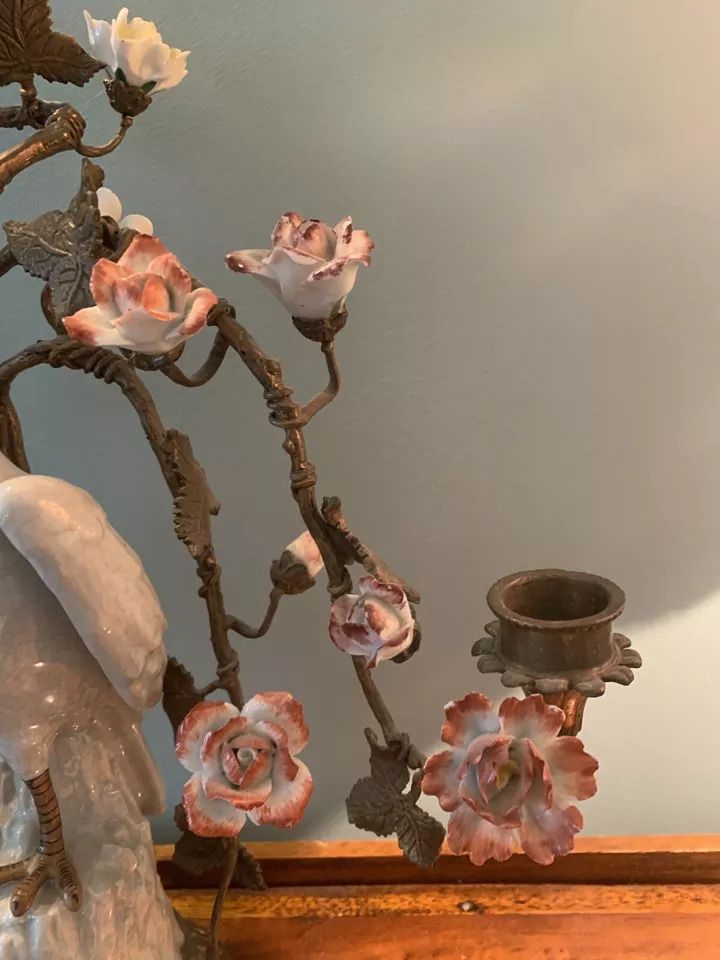 Exquisite Large Vintage Porcelain & Bronze Candelabra With Bird & Flowers photo vinterior