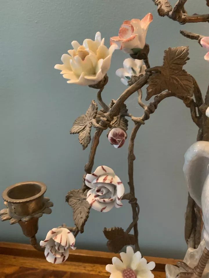Exquisite Large Vintage Porcelain & Bronze Candelabra With Bird & Flowers photo buy