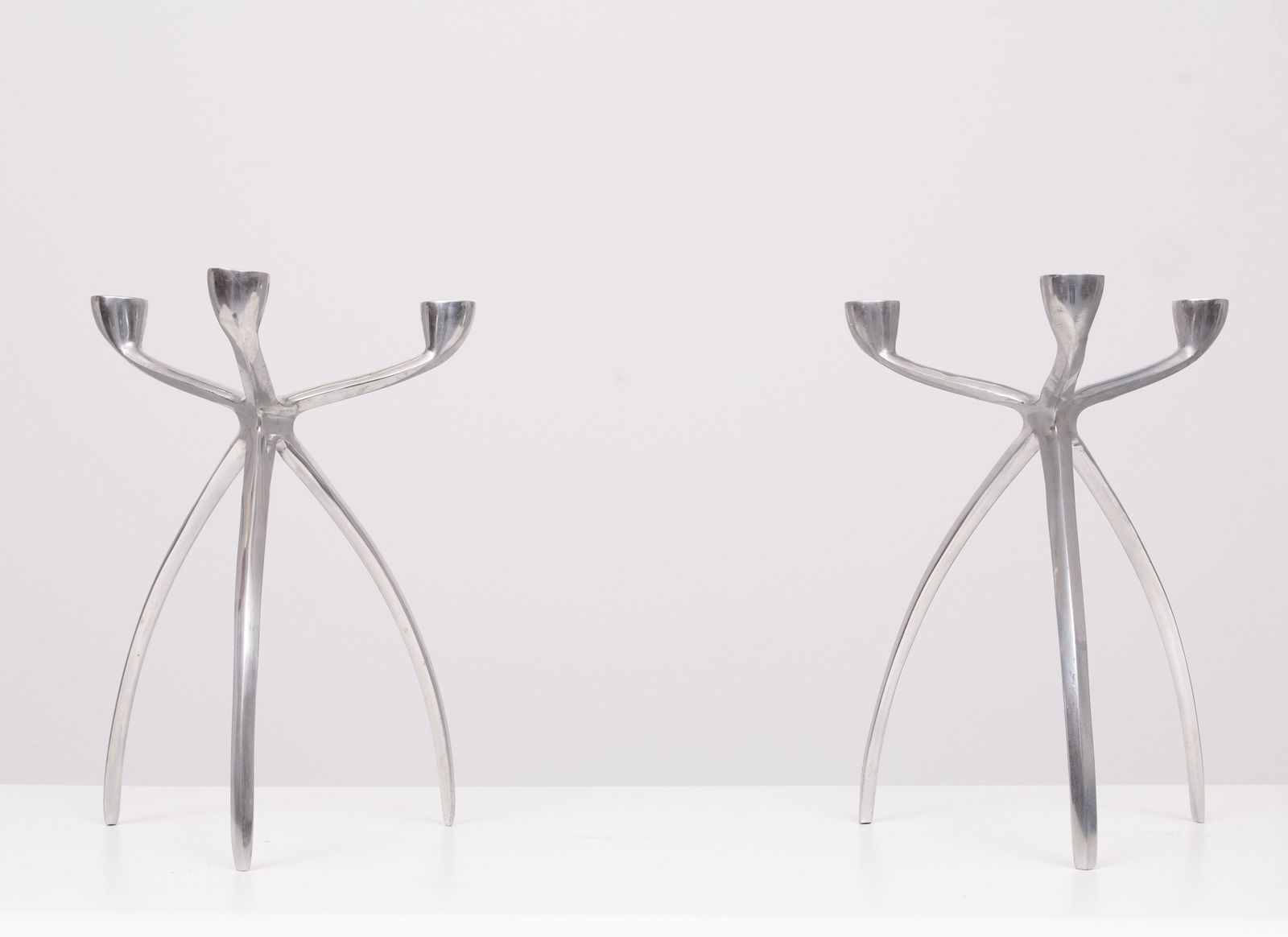 Pair Aluminum 3 Arms Spider Candle Sticks De Bijenkorf 1970s photo for sale