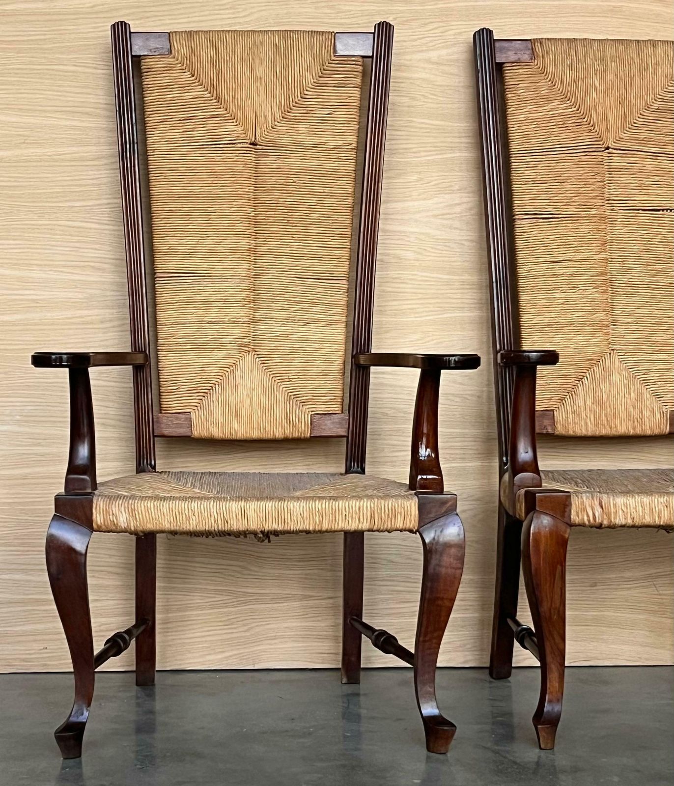 20th Pair Of Spanish Walnut Armchairs With High Back And Seat Caned photo Furniture