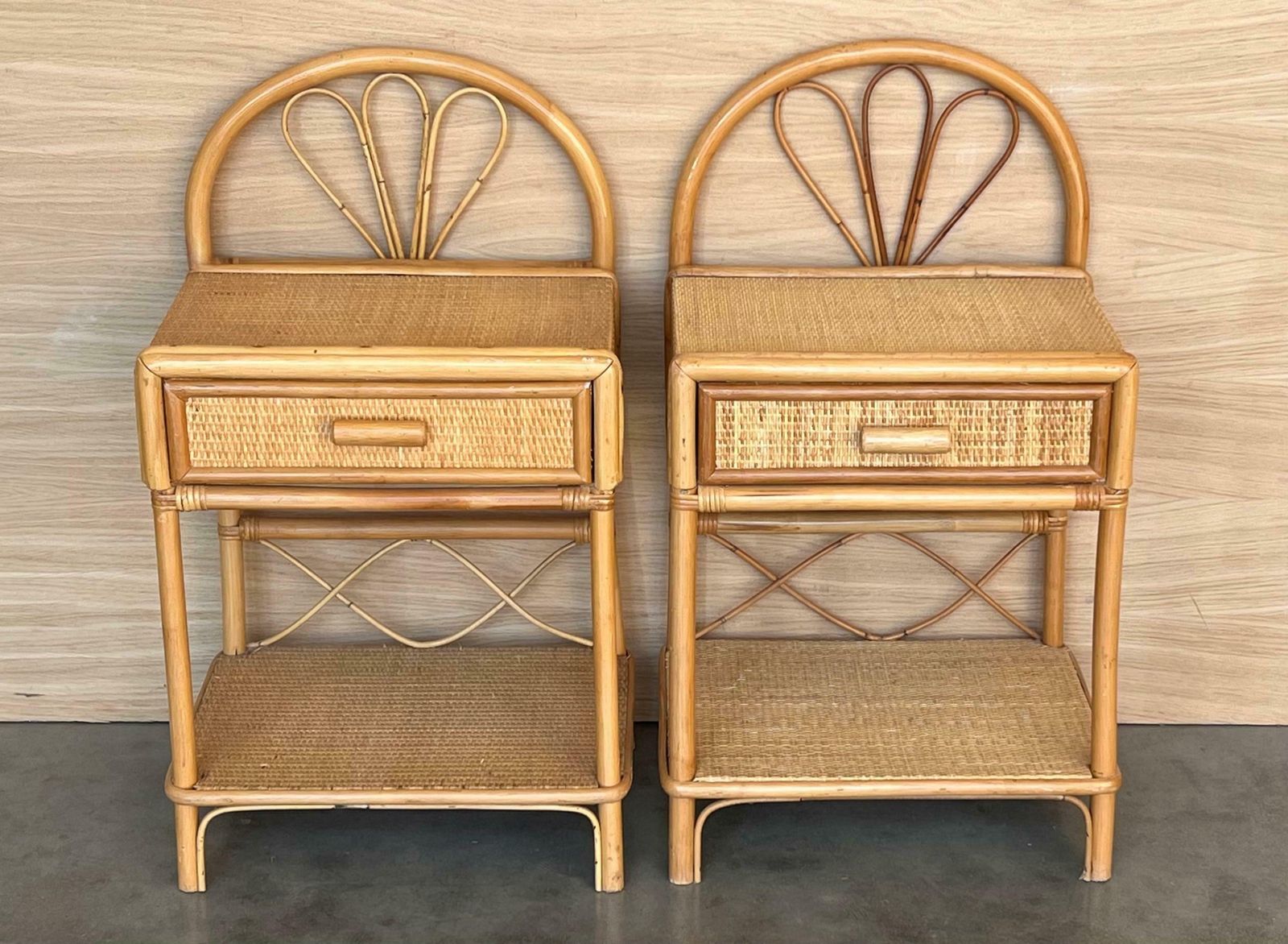 Pair Of Split Reed Bamboo Rattan Nightstands With Drawer And Low Tier, 1970s photo Furniture