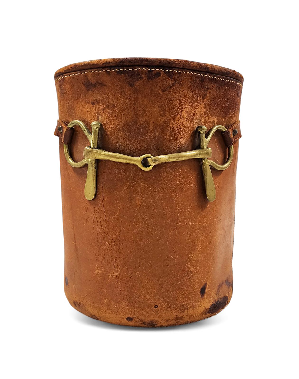 Mid 20th Century Modern Leather Cylindrical Paper Waste Bin/Basket With Lid By Luxury Brand Hermès Paris, France