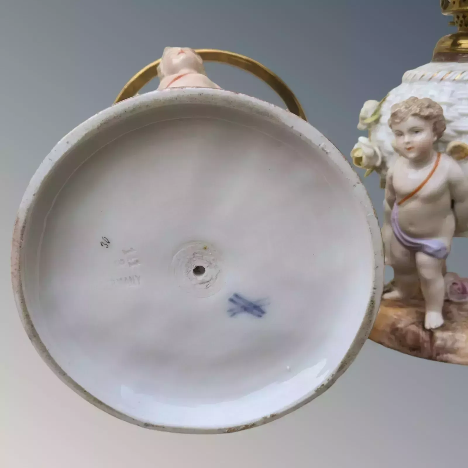 Very Pretty Pair Of Meissen Porcelain Cherub Oil Lamps photo vinterior
