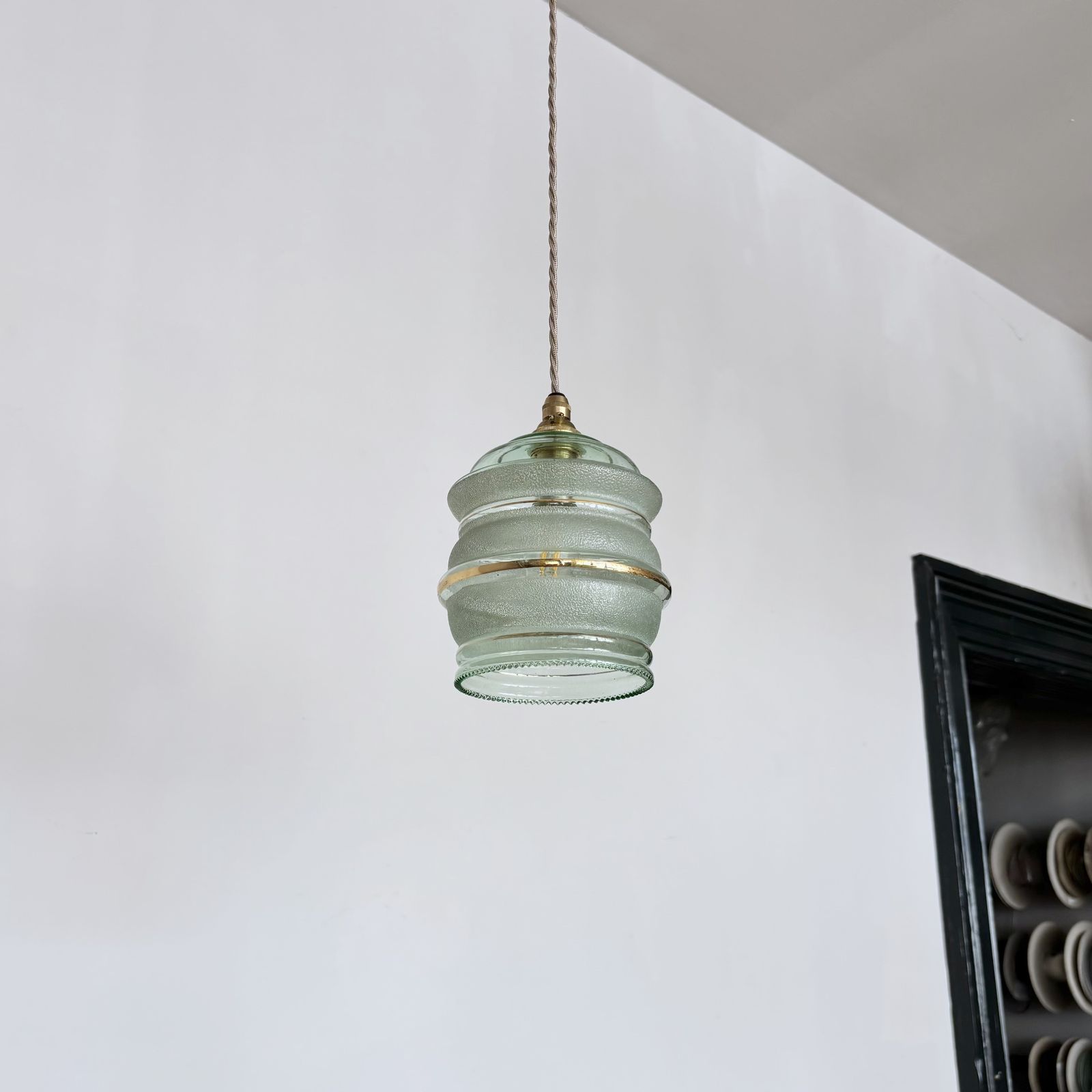 Mid Century Green Glass Shade With Gold Band Details photo Lighting