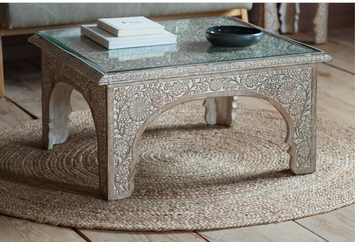 Mambo Clear Glass Top Coffee Table With Whitewash Wooden Base photo Furniture