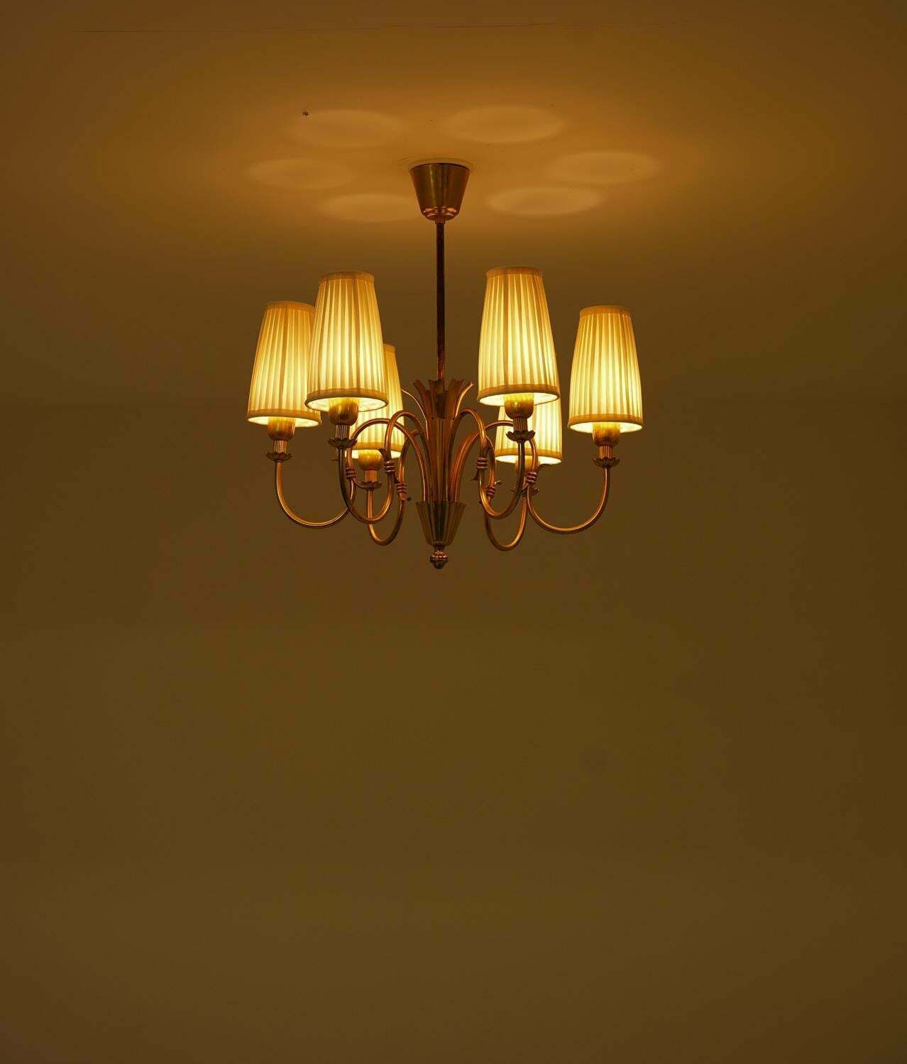 Swedish Modern Chandelier By Böhlmarks In Brass And Wood, 1940s photo buy