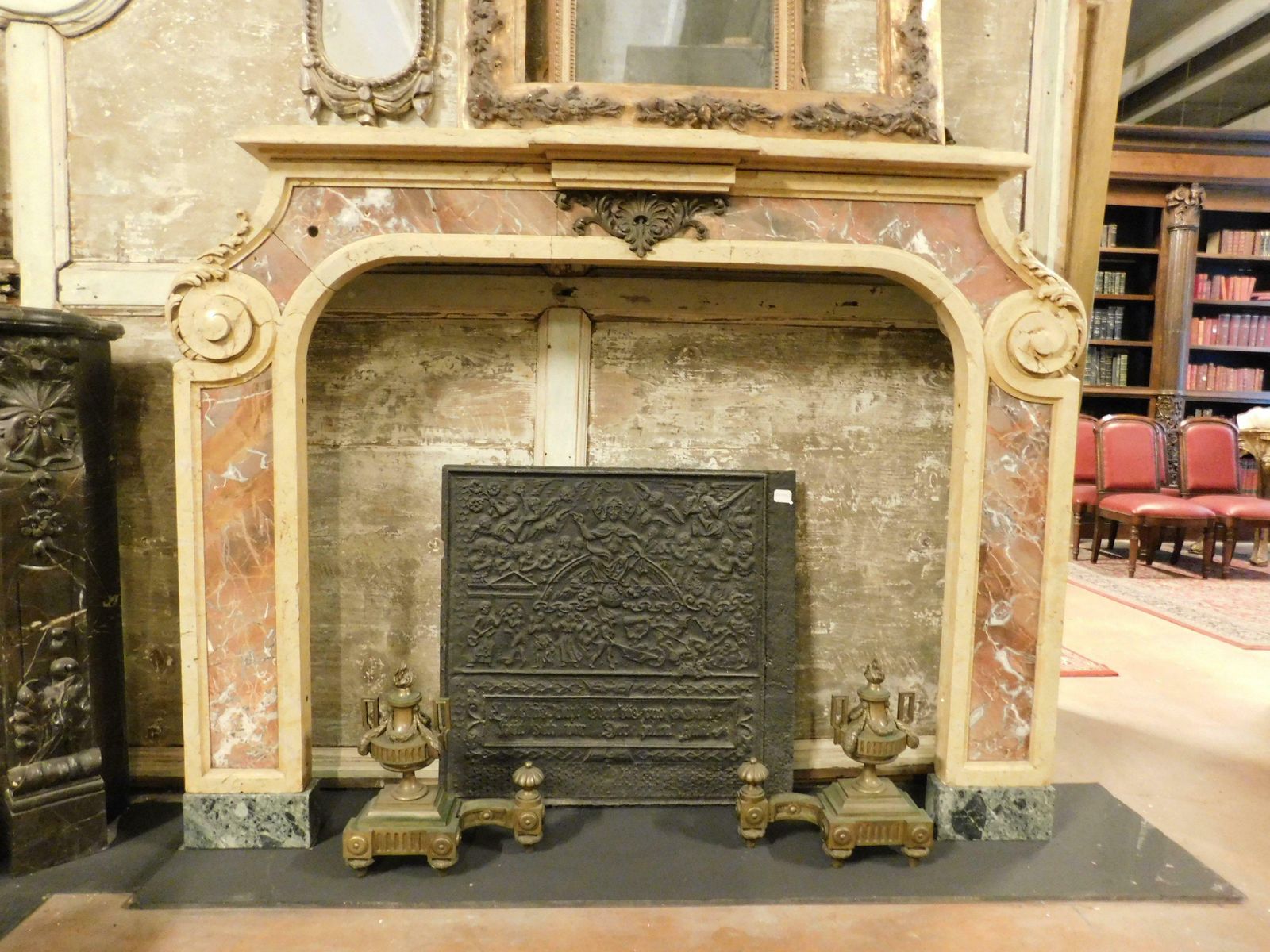Important Mantle Fireplace In Marble Inlays Red/Yellow, Italy photo furniture