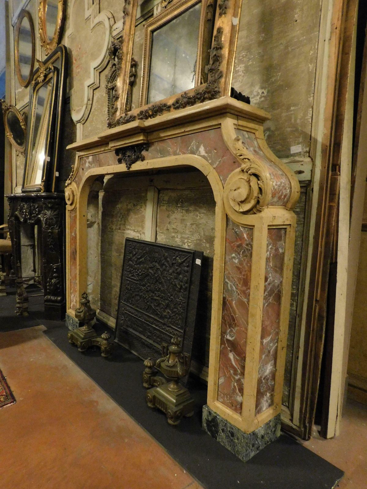 Important Mantle Fireplace In Marble Inlays Red/Yellow, Italy photo vinterior