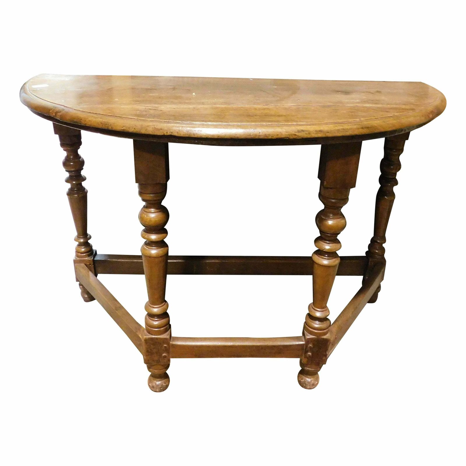 Console Table In Walnut Wood, Turned Legs Joined By Crosspieces, Italy