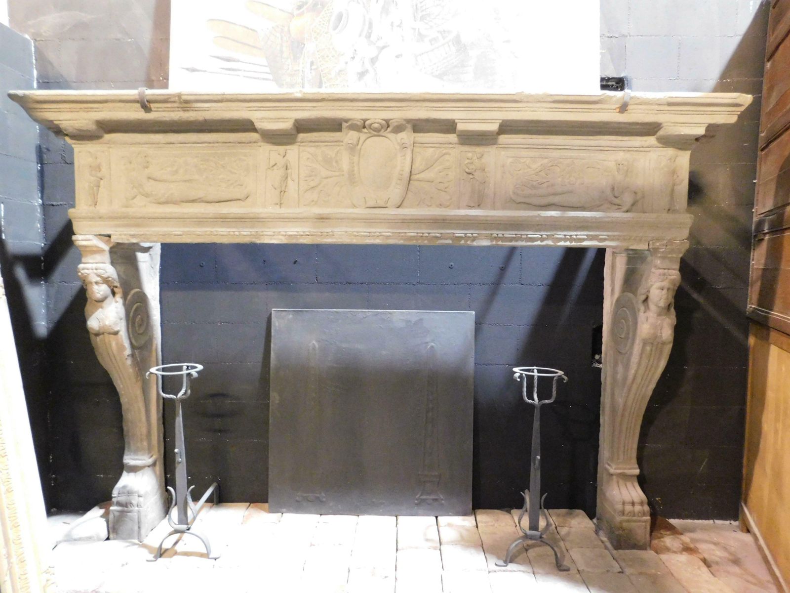 Majestic Monumental Fireplace In Pietra Serena, Carved In All Parts, Italy photo for sale